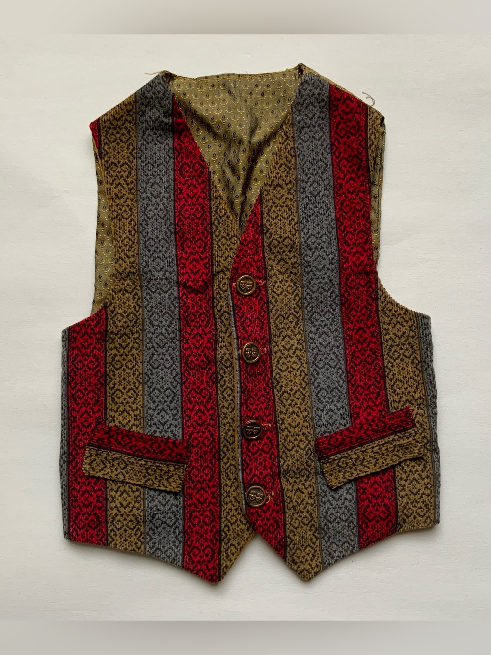 Vintage 60s Striped Multicolor Patterned Vest - Red, Gray, Olive